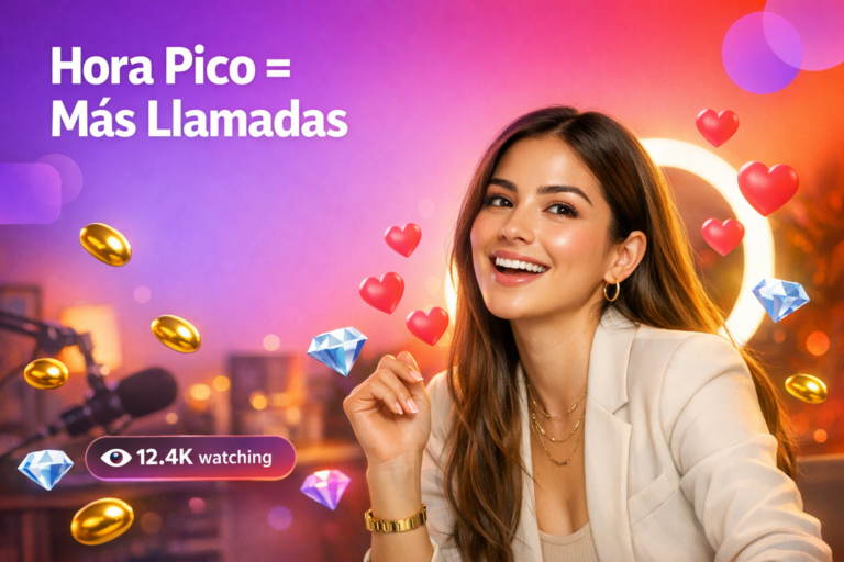 Creadora latina en un home-studio moderno con corazones y contador de espectadores, destacando la mejor hora para transmitir en vivo en ChaMet y ganar más llamadas como chamet hostess.