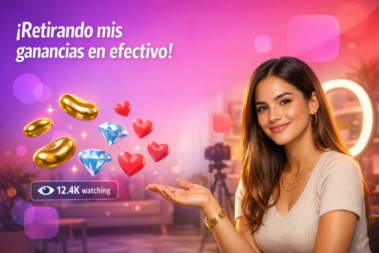 Creadora latina en estudio moderno explicando la guía de retiro de beans a dinero en Chamet con Metwallet, mostrando iconos de beans, corazones y contador en vivo; ideal para una chamet hostess.