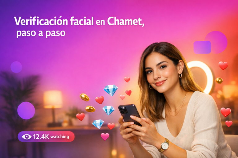 Creadora latina en un home-studio moderno mostrando el proceso de verificación facial en Chamet con elementos de transmisión en vivo y guía para chamet hostess.