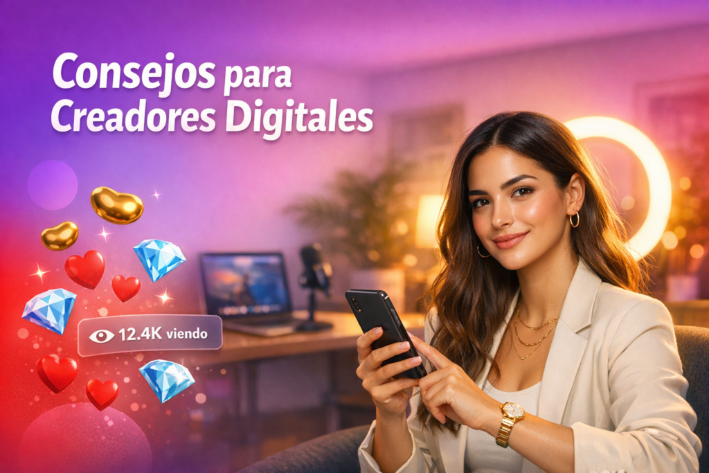 Creadora latina en un home-studio moderno revisando un código OTP en el móvil con elementos de streaming, guía de seguridad para chamet hostess.