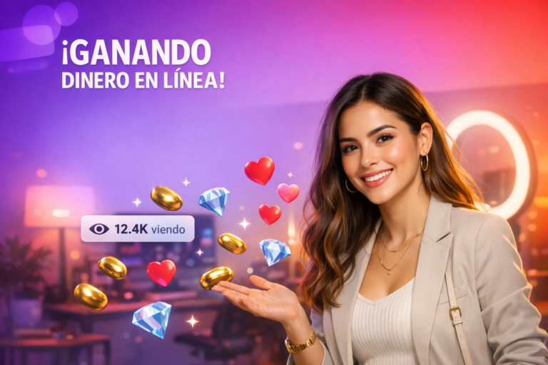 Creadora latina celebrando el potencial de ganancias como chamet hostess, con beans, diamantes y contador de espectadores en un estudio moderno.