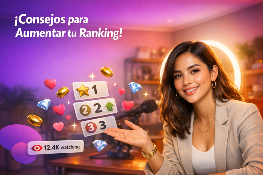 Joven creadora en un home-studio explicando el sistema de niveles para chamet hostess, con beans y corazones flotando en pantalla.