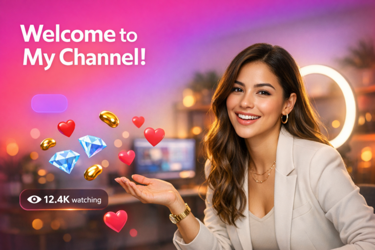 Creadora latina en un home-studio con elementos de transmisión en vivo y texto sobre la descripción oficial de la plataforma Chamet para hostesses; ideal para una chamet hostess que busca audiencia global.