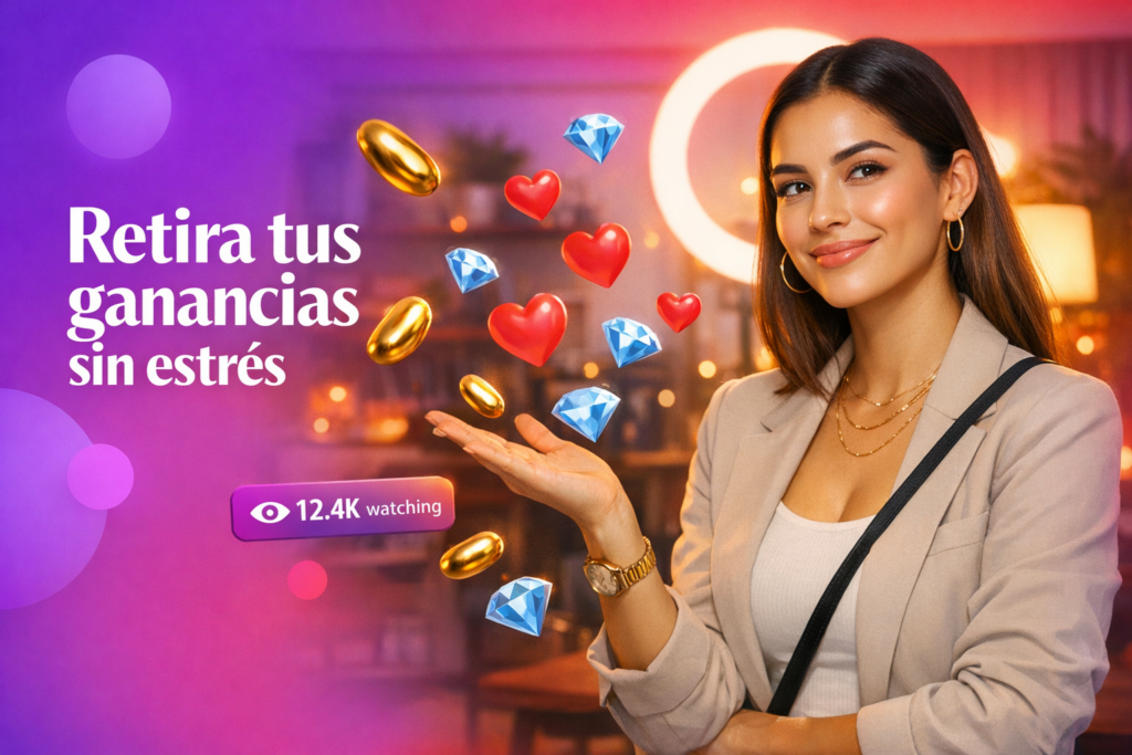 Creadora latina en home-studio con elementos de beans y diamantes explicando reglas de retiro y liquidación diaria para chamet hostess.