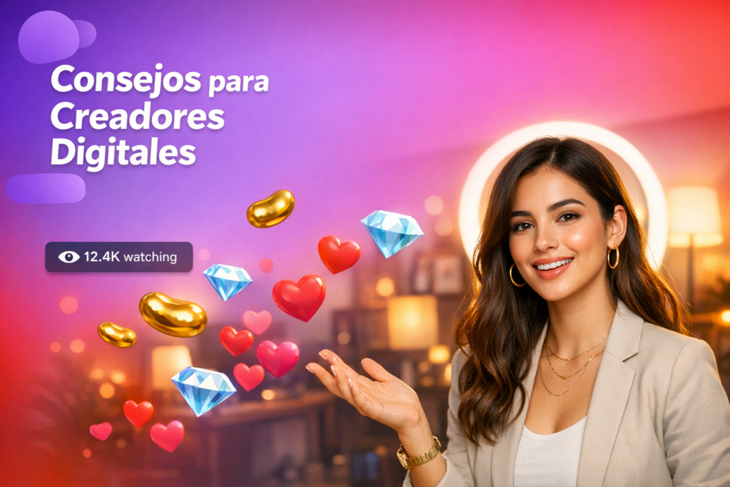 Creadora latina en un home-studio con aro de luz y elementos de directo, mostrando consejos de streaming en vivo Chamet para principiantes y cómo empezar como chamet hostess.