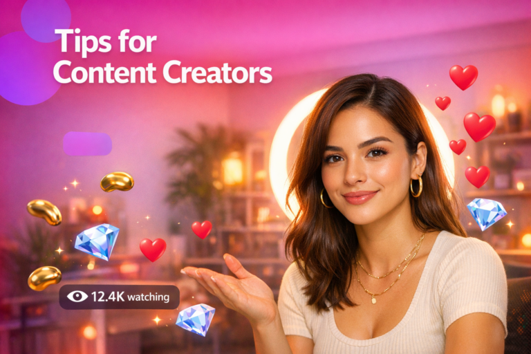 Creadora latina en estudio casero con elementos de transmisión y consejos de directrices de transmisión en vivo Chamet para una chamet hostess, con aviso de IA y rostro no detectado.