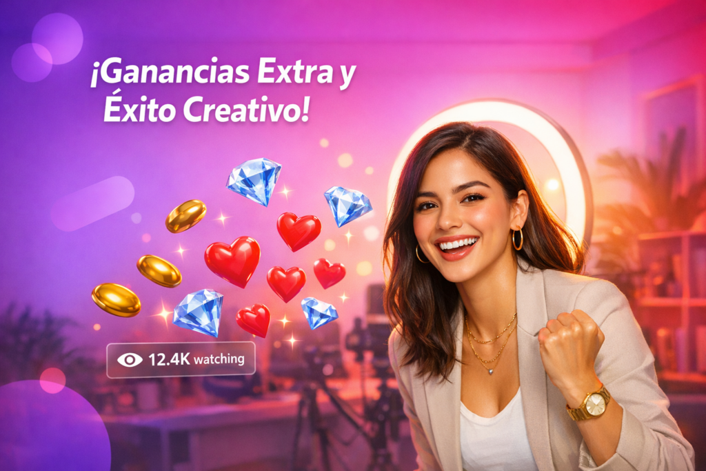 Creadora latina en un home-studio con corazones, diamantes y beans flotando mientras explica regalos y ganancias extra en Chamet y reglas de Lucky Gift, con enfoque para chamet hostess.