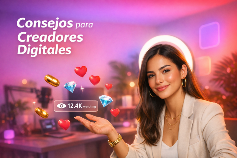 Creadora latina en home-studio con anillo de luz y elementos flotantes de beans y corazones, explicando estrategia de precios para llamadas privadas en Chamet para chamet hostess.