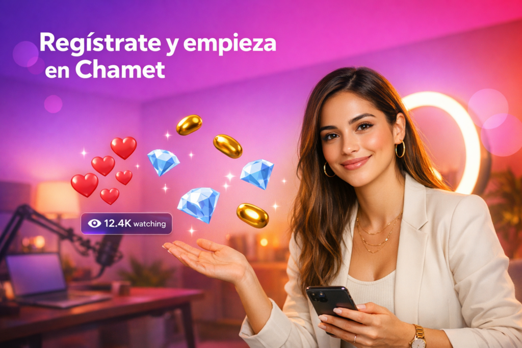 Joven creadora latina en un home-studio moderno con elementos de directo y guía visual sobre el sistema de llamadas aleatorias de Chamet explicado para registrarte como chamet hostess.
