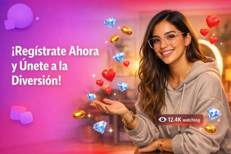 Joven creadora latina en un home studio moderno completando el registro en la plataforma de ganancias por videollamadas Chamet, con elementos flotantes de live y recompensas digitales.