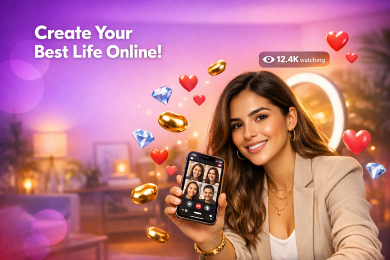 Creadora latina en un home‑studio con luz de aro y elementos de live stream, mostrando cómo obtener más videollamadas en Chamet como chamet hostess.