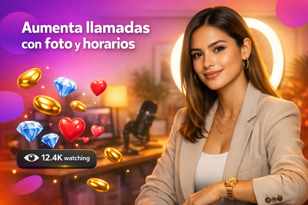 Creadora latina en su home studio con brillo de ring light y elementos flotantes, mostrando tips sobre cómo aumentar llamadas en Chamet con foto de portada y horarios clave para chamet hostess.