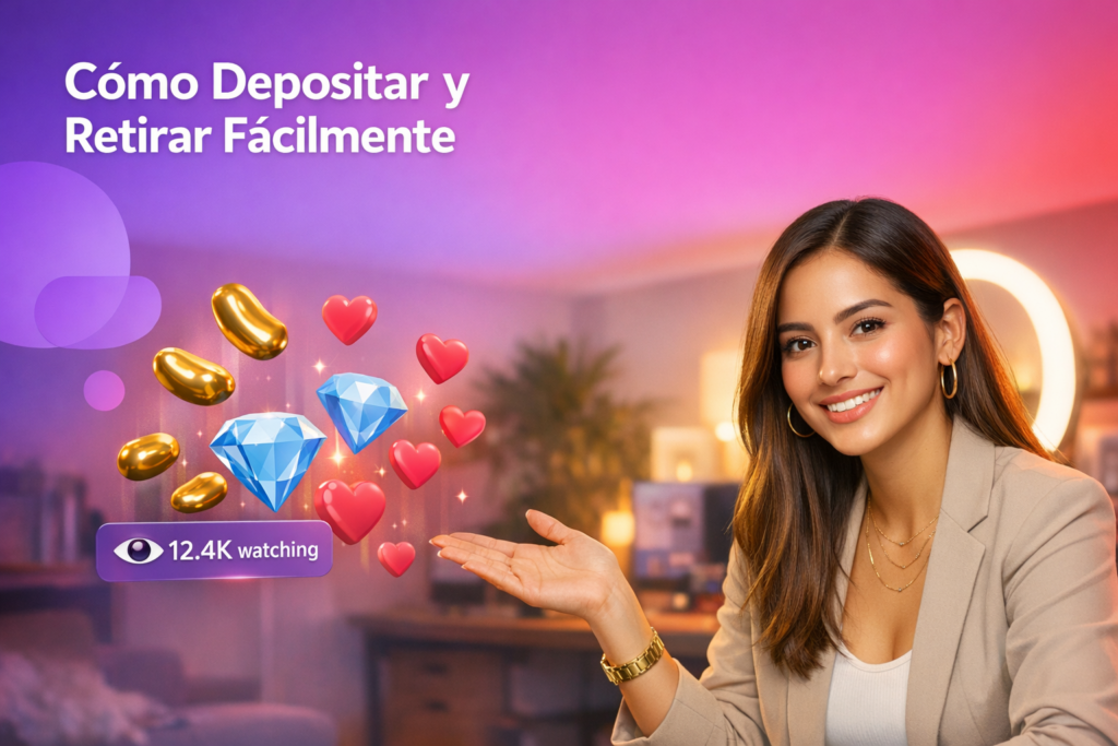 Joven creadora latina en un home studio moderno configurando Metwallet para Chamet, con elementos de transmisión y guía para vincular cuenta, KYC y retirar ganancias como chamet hostess.