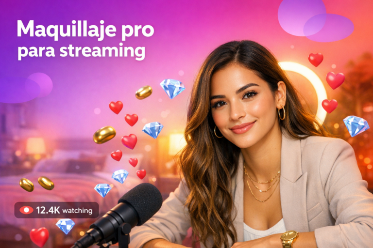 Creadora latina en home-studio con ring light y elementos de live, mostrando mejor maquillaje para streaming en Chamet como chamet hostess.