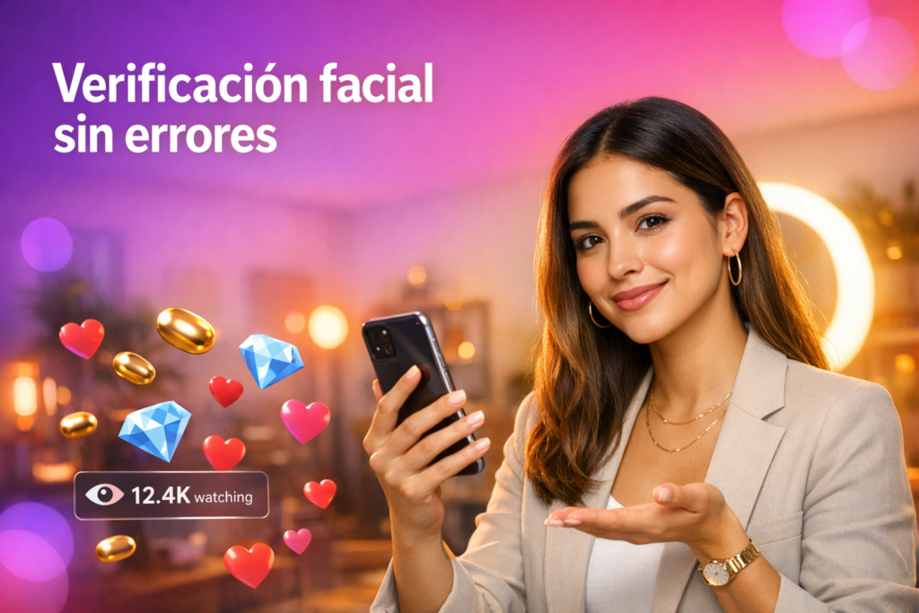 Joven creadora latina en un home studio con aro de luz y elementos de streaming, mostrando consejos de verificación facial para una chamet hostess.