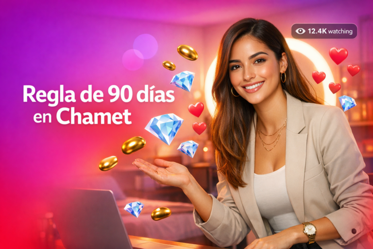 Joven creadora latina en un estudio casero moderno con elementos de transmisión en vivo, explicando cómo pasar de chamet hostess a agente cumpliendo la regla de 90 días.