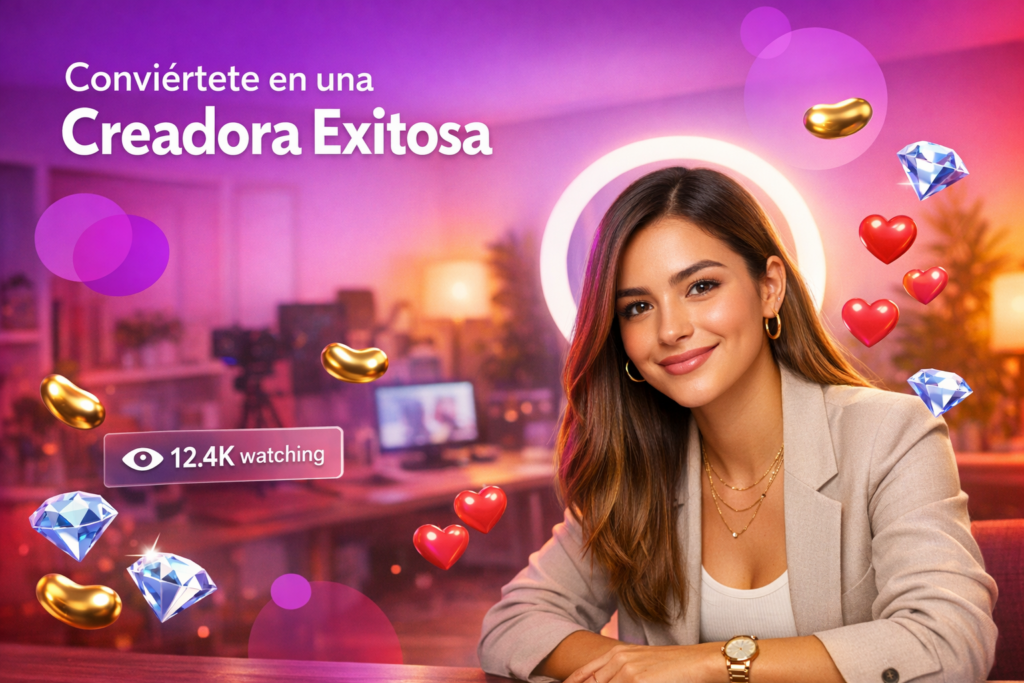 Joven creadora latina en un home-studio con luces cálidas y elementos de transmisión, mostrando frases rompehielos en Chamet para iniciar conversaciones y retener audiencia como chamet hostess.