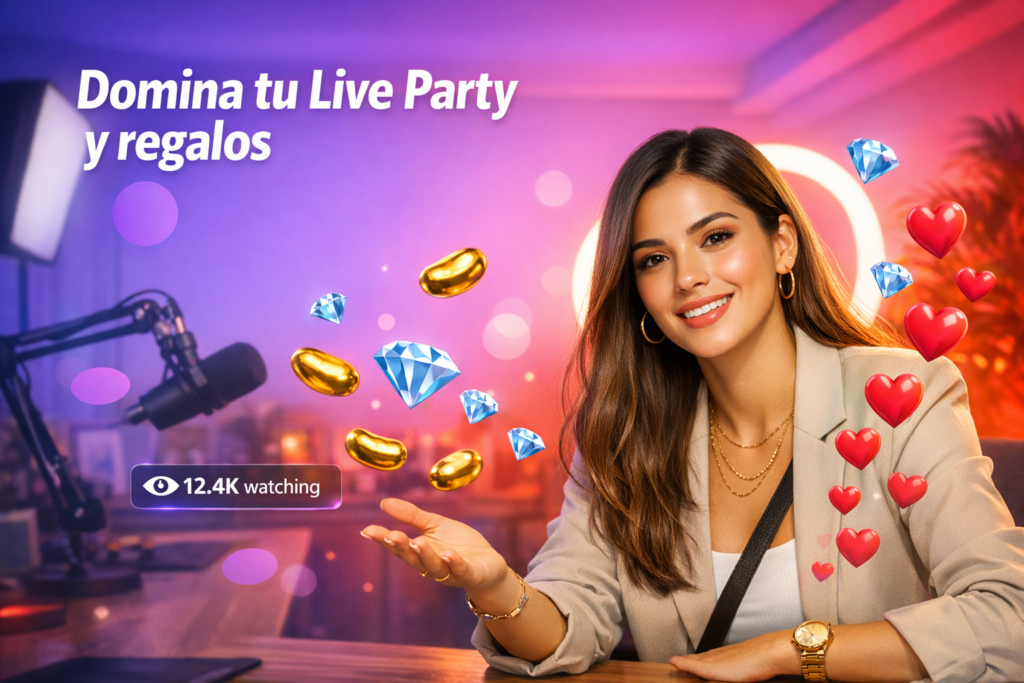 Creadora latina en un home studio con elementos de transmisión en vivo y regalos digitales, ideal para una chamet hostess que quiere dominar el Live Party.