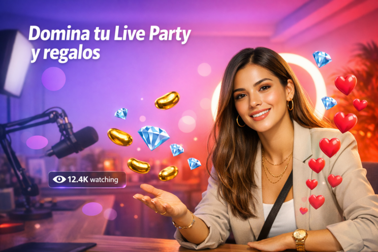 Creadora latina en un home studio con elementos de transmisión en vivo y regalos digitales, ideal para una chamet hostess que quiere dominar el Live Party.