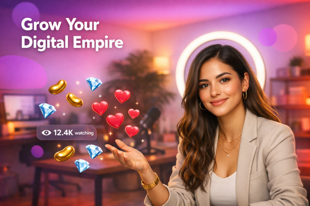 Creadora latina en un home-studio con interfaz de streaming y regalos virtuales, explicando cómo recibir más regalos en Chamet como chamet hostess.