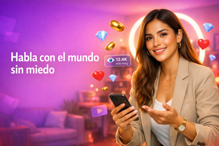 Una chamet hostess segura en un home-studio muestra consejos para superar barreras de idioma en Chamet con traducción, inglés simple y lenguaje no verbal.