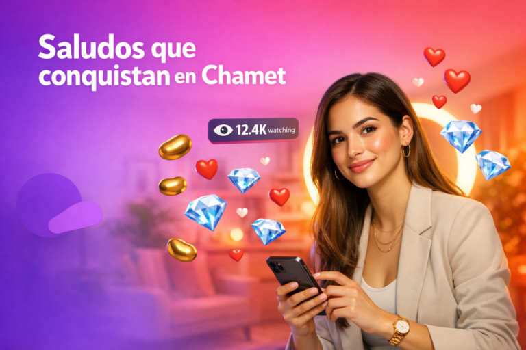Joven creadora latina en un home studio con luz cálida y elementos de live streaming, explicando el uso de palabras de saludo en Chamet para mejorar mensajes automáticos como chamet hostess.
