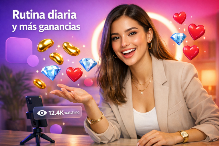 Joven creadora latina en un home studio con elementos de transmisión en vivo que ilustra una rutina diaria de anfitriona Chamet para planificar horarios y ganar más como chamet hostess.