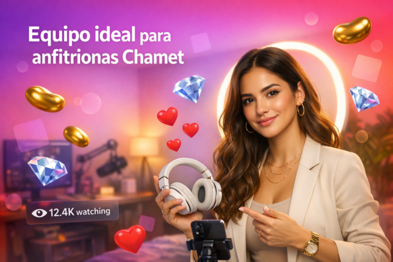 Creadora latina en un home-studio moderno mostrando auriculares, smartphone y trípode, con elementos de transmisión y una guía de Equipo para anfitrionas Chamet para mejorar la calidad de tus directos.