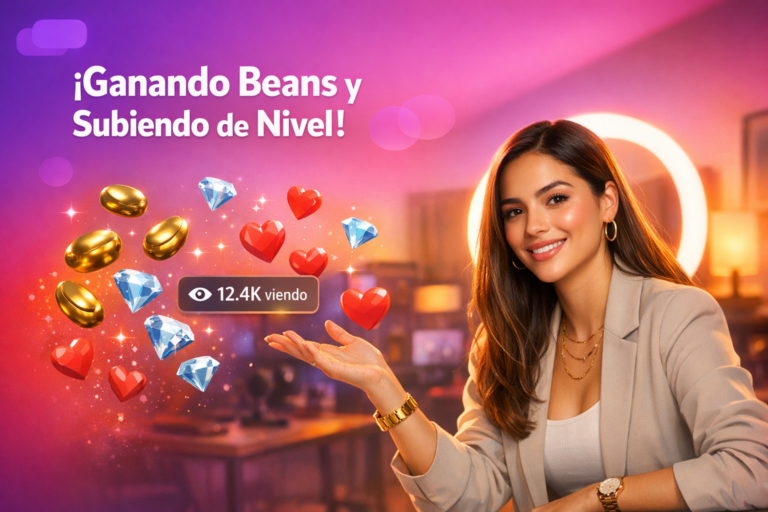 Creadora latina en un home studio moderno con UI flotante de beans y corazones, explicando niveles y metas para chamet hostess.