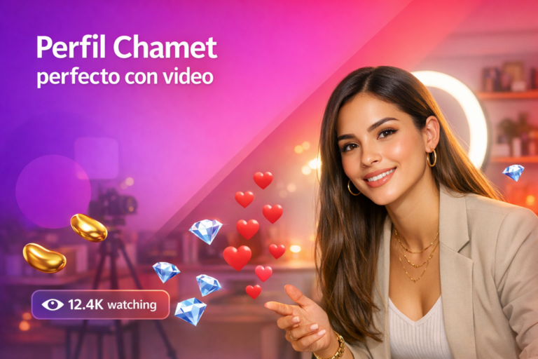 Joven creadora latina en un home-studio moderno con elementos de live streaming y texto sobre cómo crear un excelente perfil en Chamet con video introductorio.