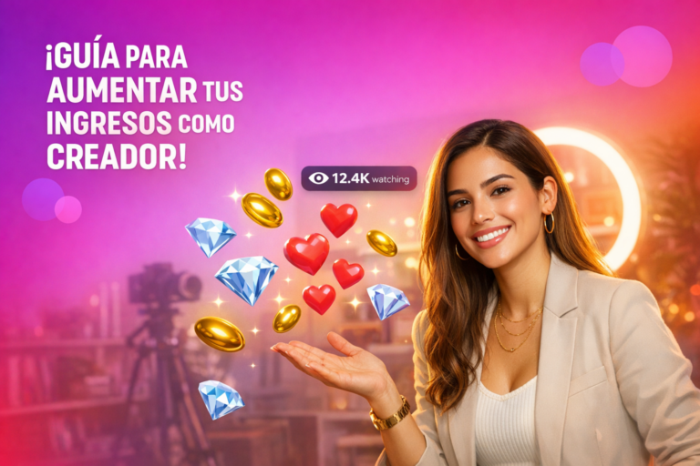 Creadora latina en home studio celebrando cómo aumentar precio de llamada en Chamet con beans y métricas de transmisión flotando alrededor, estilo chamet hostess.