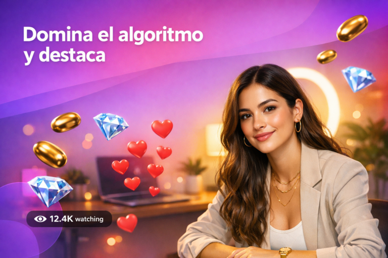 Creadora latina en un home-studio con elementos de transmisión y gráficos flotantes mientras explica cómo entender el algoritmo de Chamet para aumentar visibilidad y mejorar la interacción como chamet hostess.