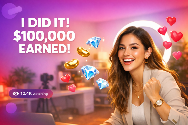 Creadora latina celebrando ingresos como agente con elementos de transmisión en vivo; guía para una chamet hostess sobre comisiones y panel de agencia.