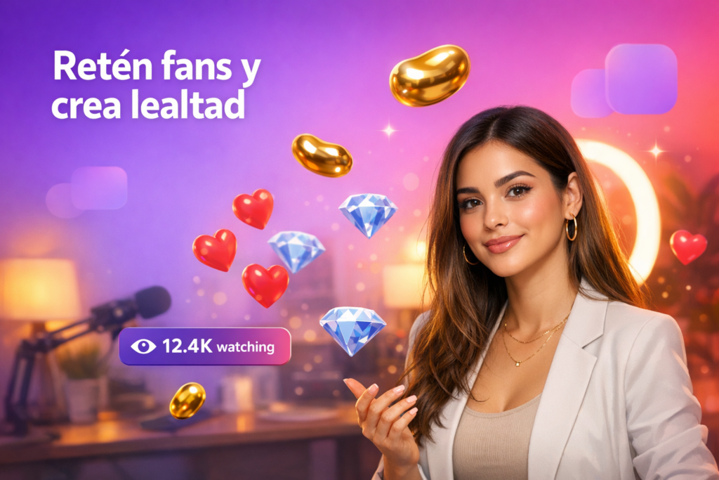 Creadora latina en un home-studio con elementos de transmisión en vivo y consejos visuales sobre Gestión de seguidores en Chamet para retener fans y construir una comunidad leal como chamet hostess.
