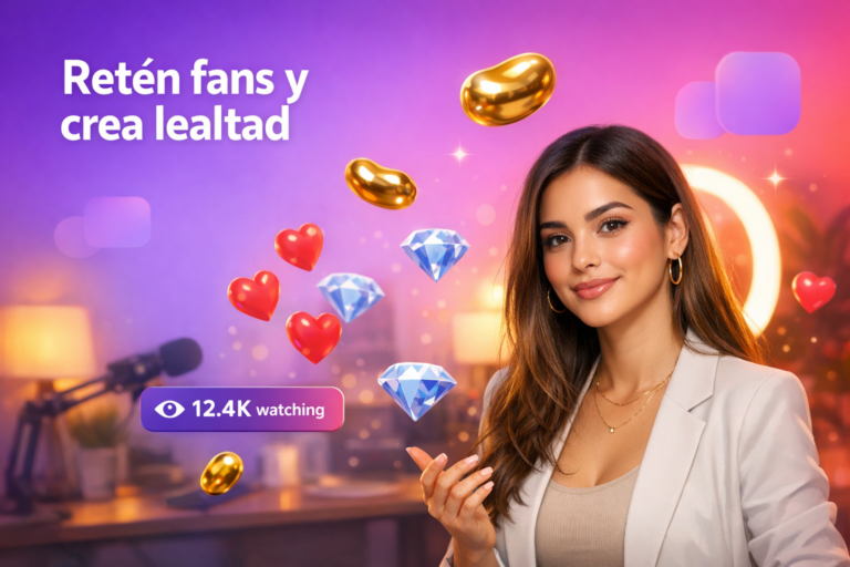 Creadora latina en un home-studio con elementos de transmisión en vivo y consejos visuales sobre Gestión de seguidores en Chamet para retener fans y construir una comunidad leal como chamet hostess.