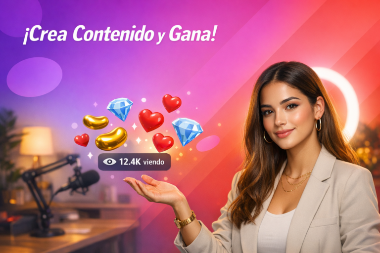Creadora latina en un home-studio moderno con iconos de live streaming y texto sobre Consejos de privacidad para anfitrionas Chamet, mostrando buenas prácticas de seguridad como chamet hostess.