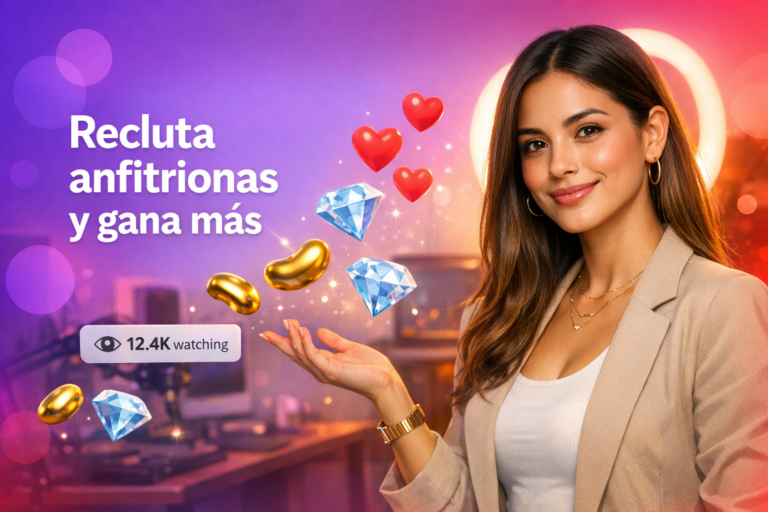 Creadora latina en un home studio con elementos de streaming y guía visual de Consejos de reclutamiento de anfitrionas Chamet para iniciar como chamet hostess.