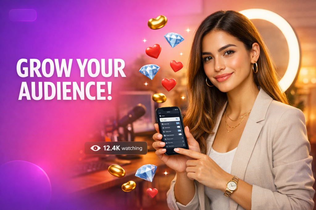 Creadora latina mostrando en su teléfono cómo usar filtros regionales en Chamet para mejorar llamadas por idioma y alcance global como chamet hostess.