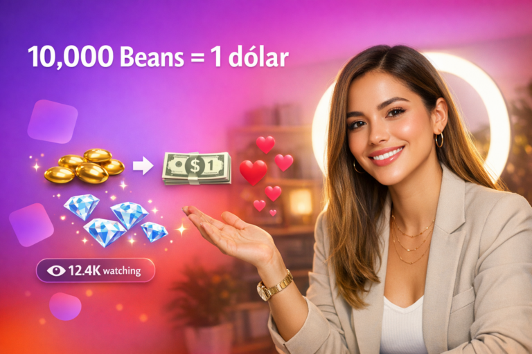Creadora latina en un home-studio moderno explica la conversión de salario en Chamet de 10,000 beans a 1 dólar con elementos de UI flotantes y reacciones en vivo.