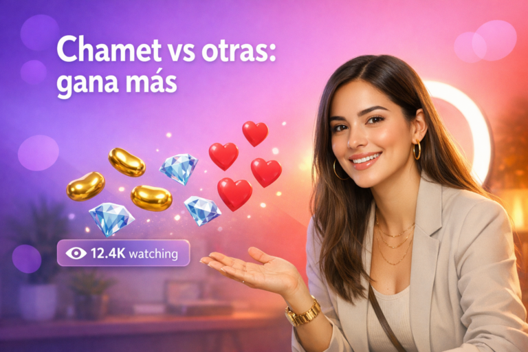Creadora latina en un home-studio con elementos de live streaming y comparativa Chamet vs otras apps para registrarte como chamet hostess y aumentar tus ingresos.