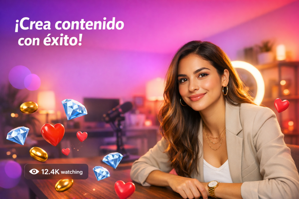 Joven creadora latina en un home studio moderno con elementos de live streaming y recompensas, explicando cómo subir los Puntos de ranking Charm Queen para una chamet hostess.
