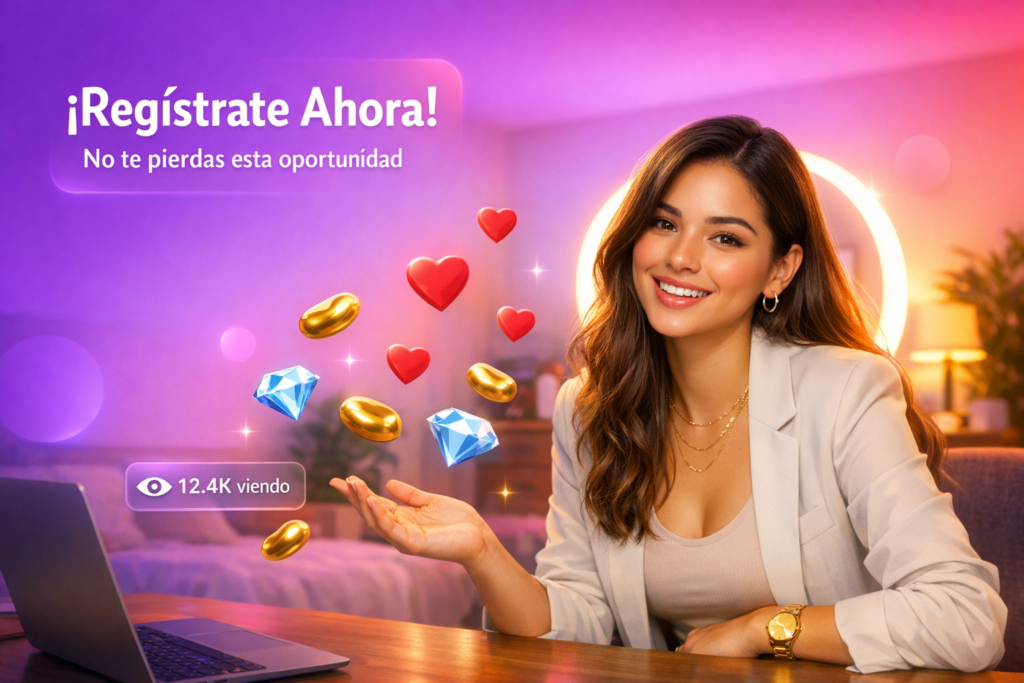 Joven creadora latina en un home studio moderno con ring light y elementos de streaming, mostrando una guía de transmisión en solitario en Chamet para registrarte como chamet hostess y atraer espectadores.