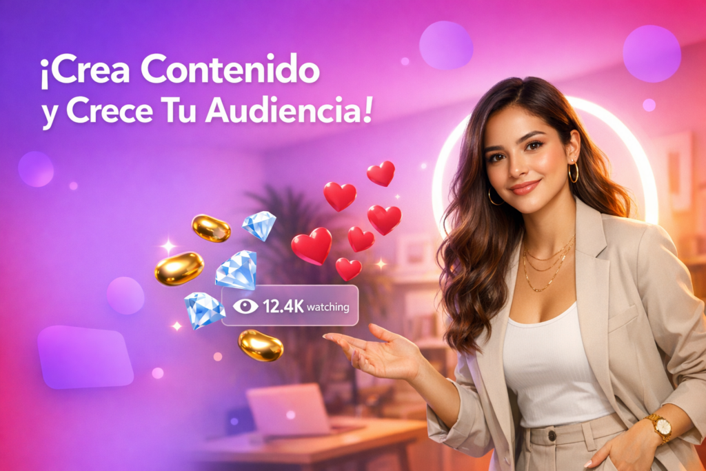 Creadora latina en un home studio moderno con elementos 3D de diamantes y regalos, explicando niveles de consumo en Chamet para usuarios y cómo optimizar el perfil como chamet hostess.