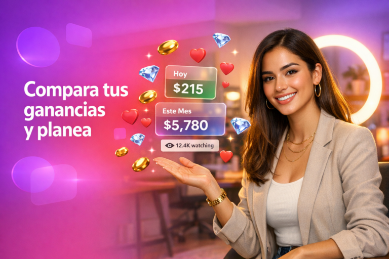 Creadora latina en un home-studio con iconos de live y guía visual para comparar ganancias diarias vs mensuales en Chamet como chamet hostess.