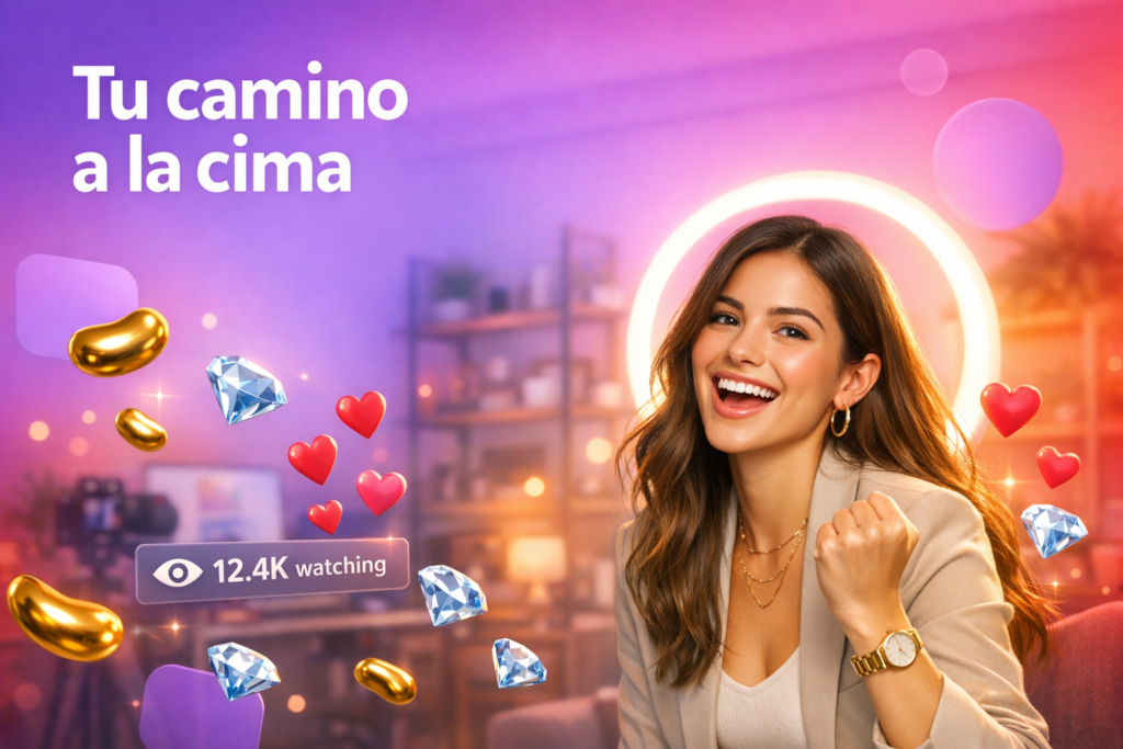 Joven creadora latina celebrando su trayectoria profesional de anfitriona Chamet en un home-studio con iluminación cálida, elementos 3D de transmisión en vivo y contador de espectadores.