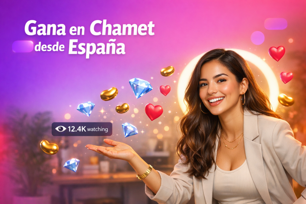 Creadora latina en un home-studio celebrando sus ganancias de hostess Chamet en España con elementos de transmisión en vivo y registro oficial.