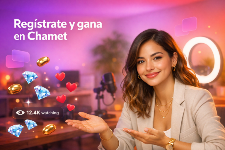 Joven creadora latina en un home-studio con elementos de transmisión y guía visual para registro y oportunidades de ingresos como chamet hostess en Nigeria.