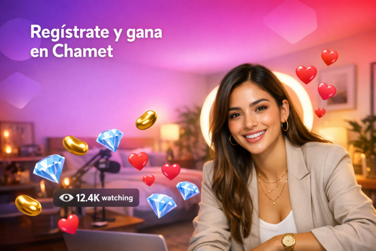 Creadora latina en un home-studio con luz cálida y elementos de streaming que ilustran los requisitos para ser chamet hostess y registrarte para ganar dinero en vivo.
