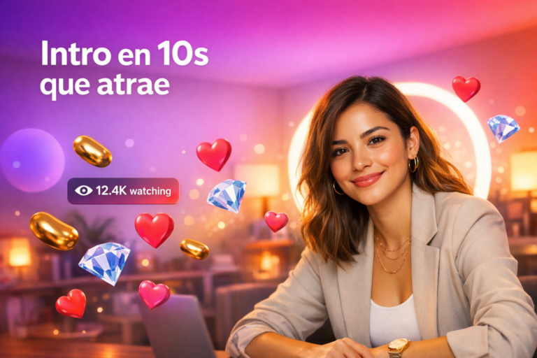Creadora latina en home-studio con aro de luz y elementos de live streaming, mostrando qué decir en videos intro Chamet para atraer llamadas como chamet hostess.