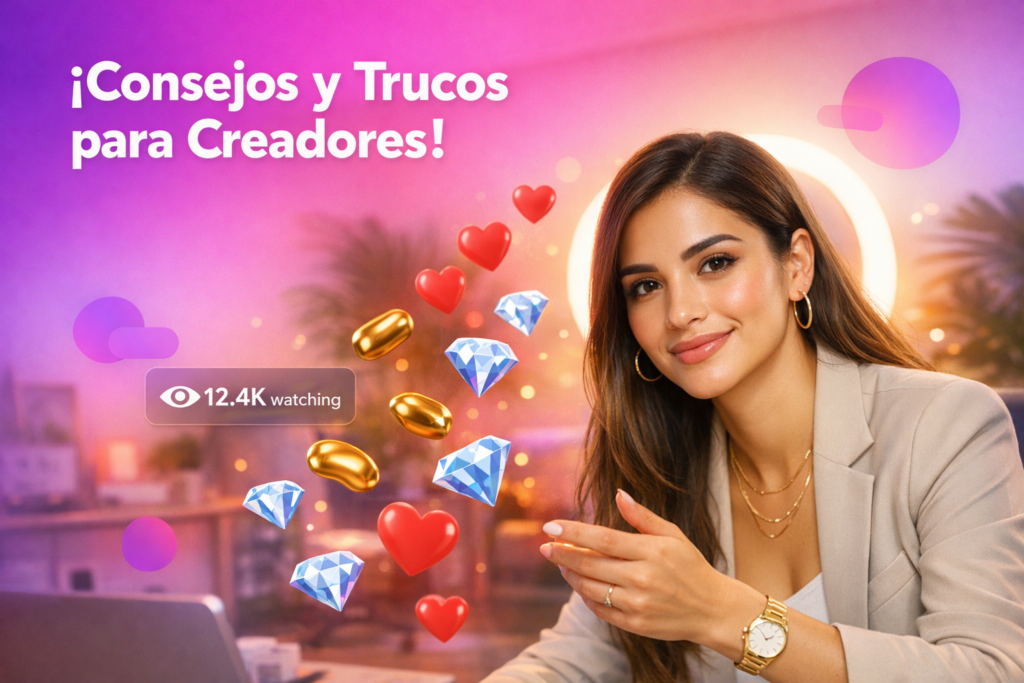 Joven creadora en home studio mostrando consejos para manejar advertencias “No Face Shown” en Chamet con cámara e IA, con elementos de live y estilo chamet hostess.